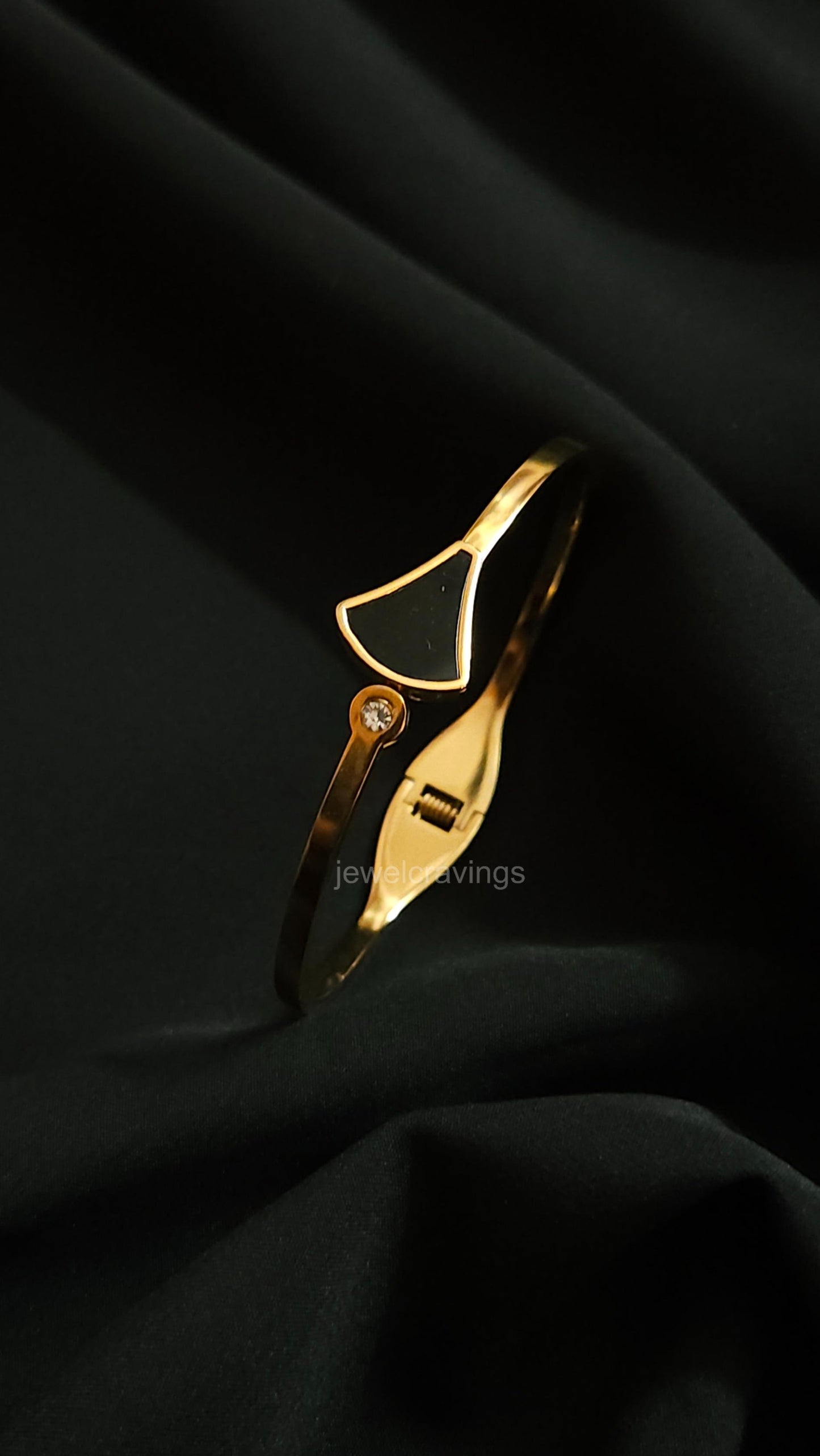 Dual Charm Kada Bracelet – Curved Triangle & Stone Circle | 18K Gold Plated
