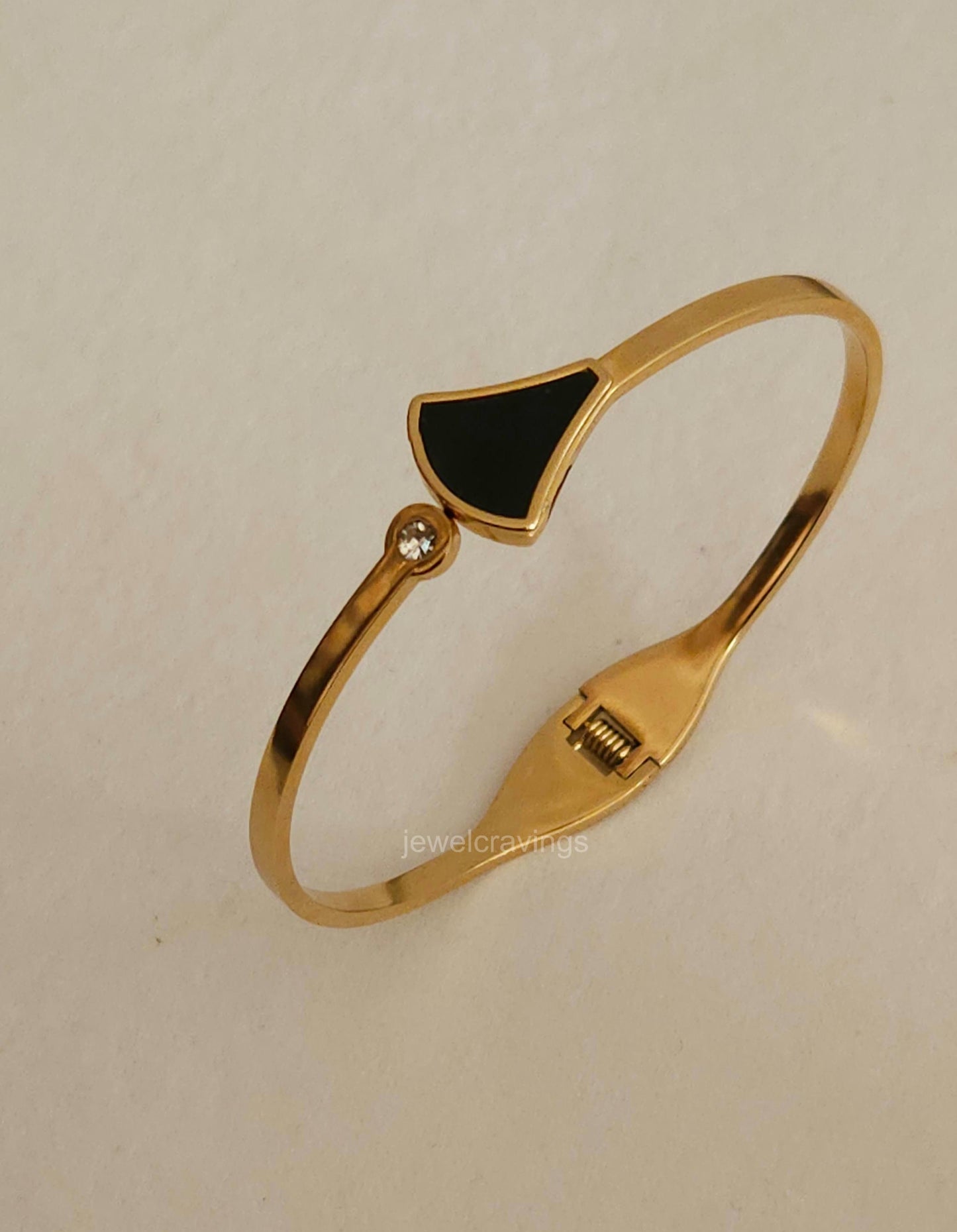 Dual Charm Kada Bracelet – Curved Triangle & Stone Circle | 18K Gold Plated