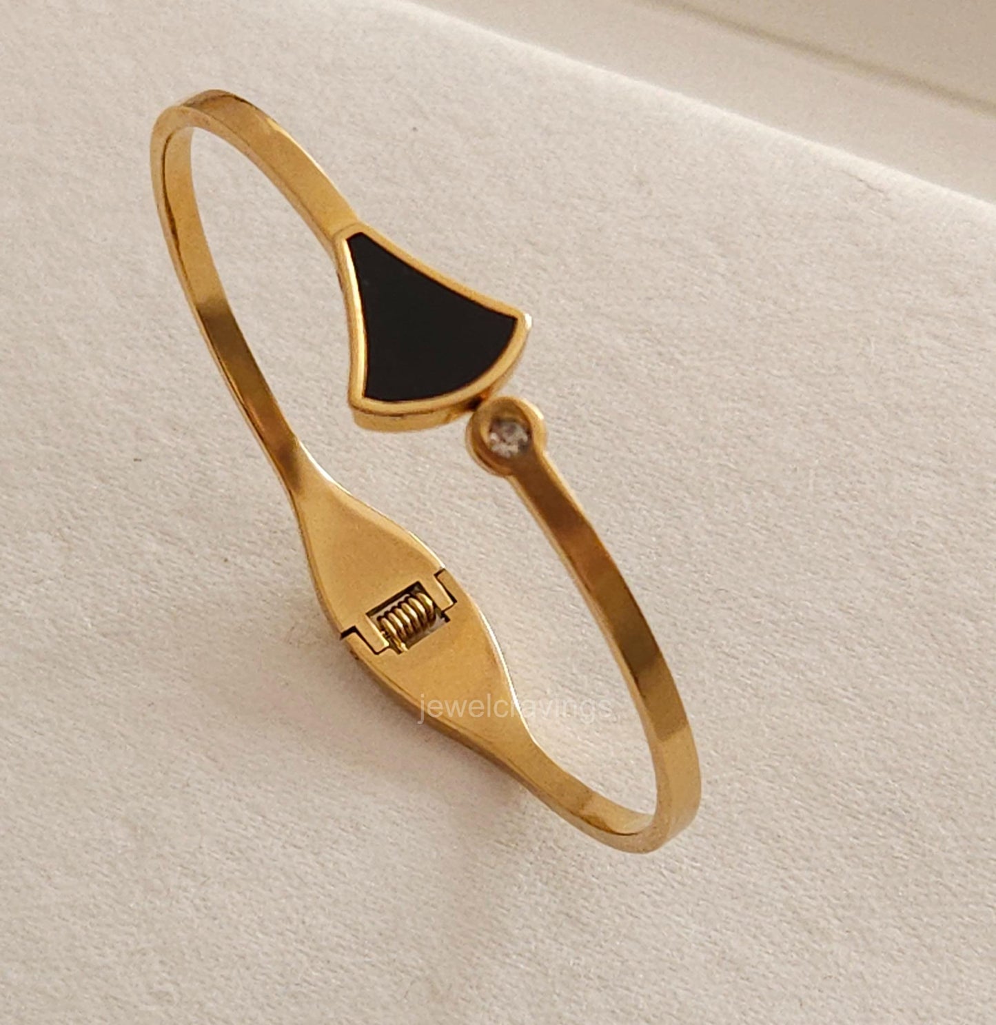 Dual Charm Kada Bracelet – Curved Triangle & Stone Circle | 18K Gold Plated