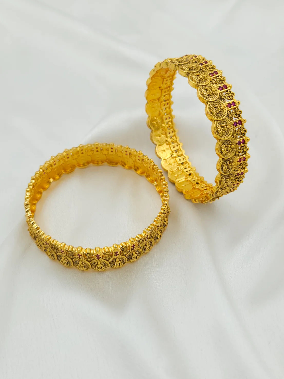 Lakshmi Goddess Red Stone Gold Coin Bangle - Set of 2 - Temple Collection