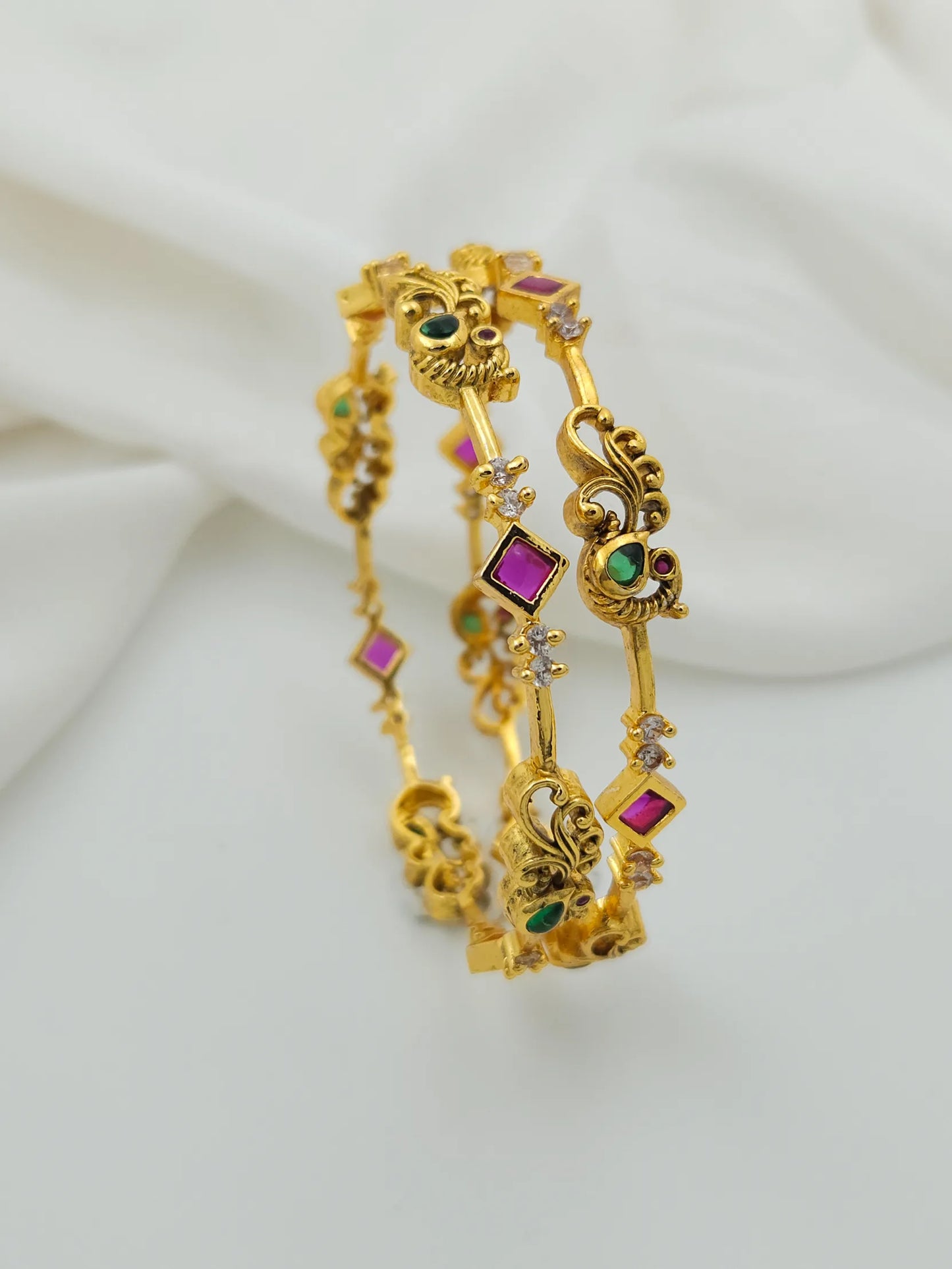 Peacock Stone Studded Bangle - Set of 2