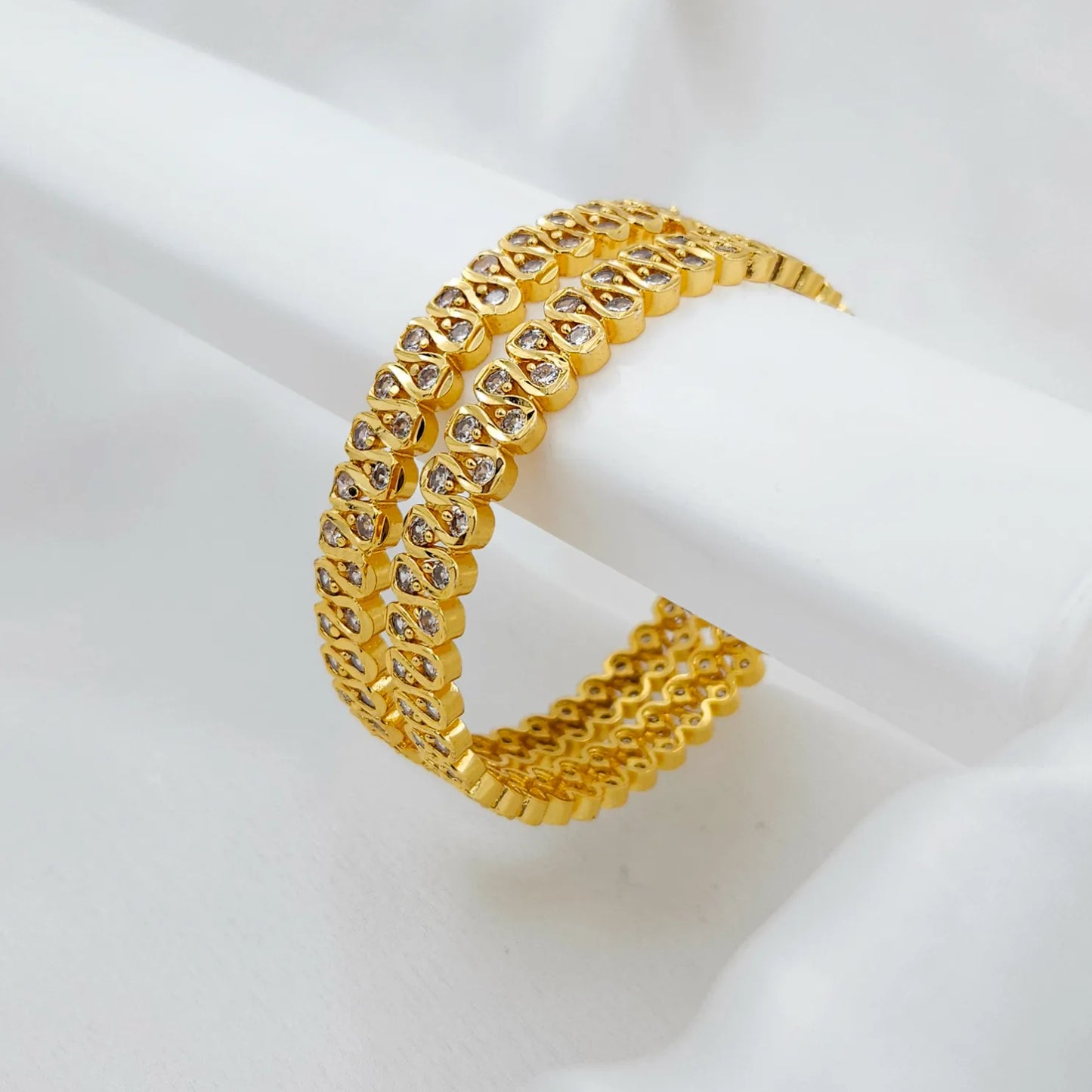 Double Stone Diamond Cut Gold Bangles - Set of 2 - Party Wear