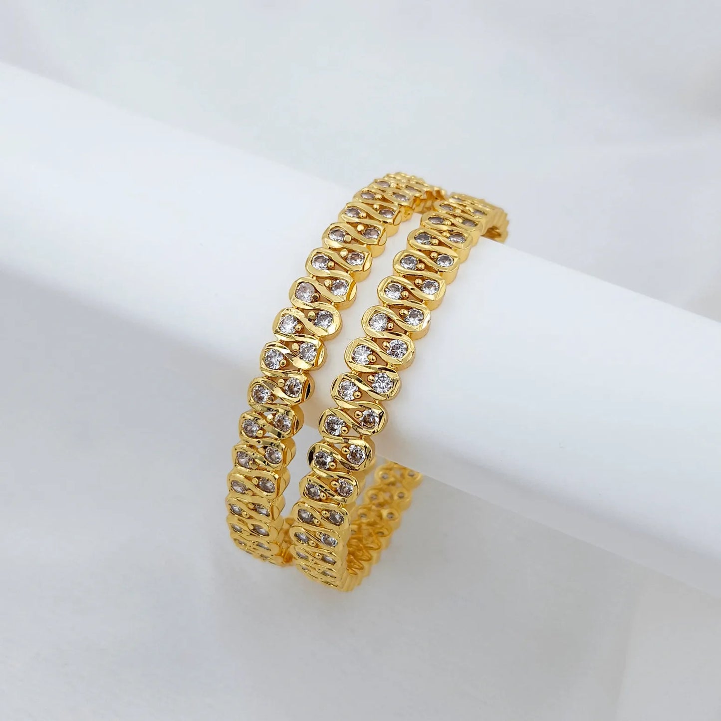 Double Stone Diamond Cut Gold Bangles - Set of 2 - Party Wear