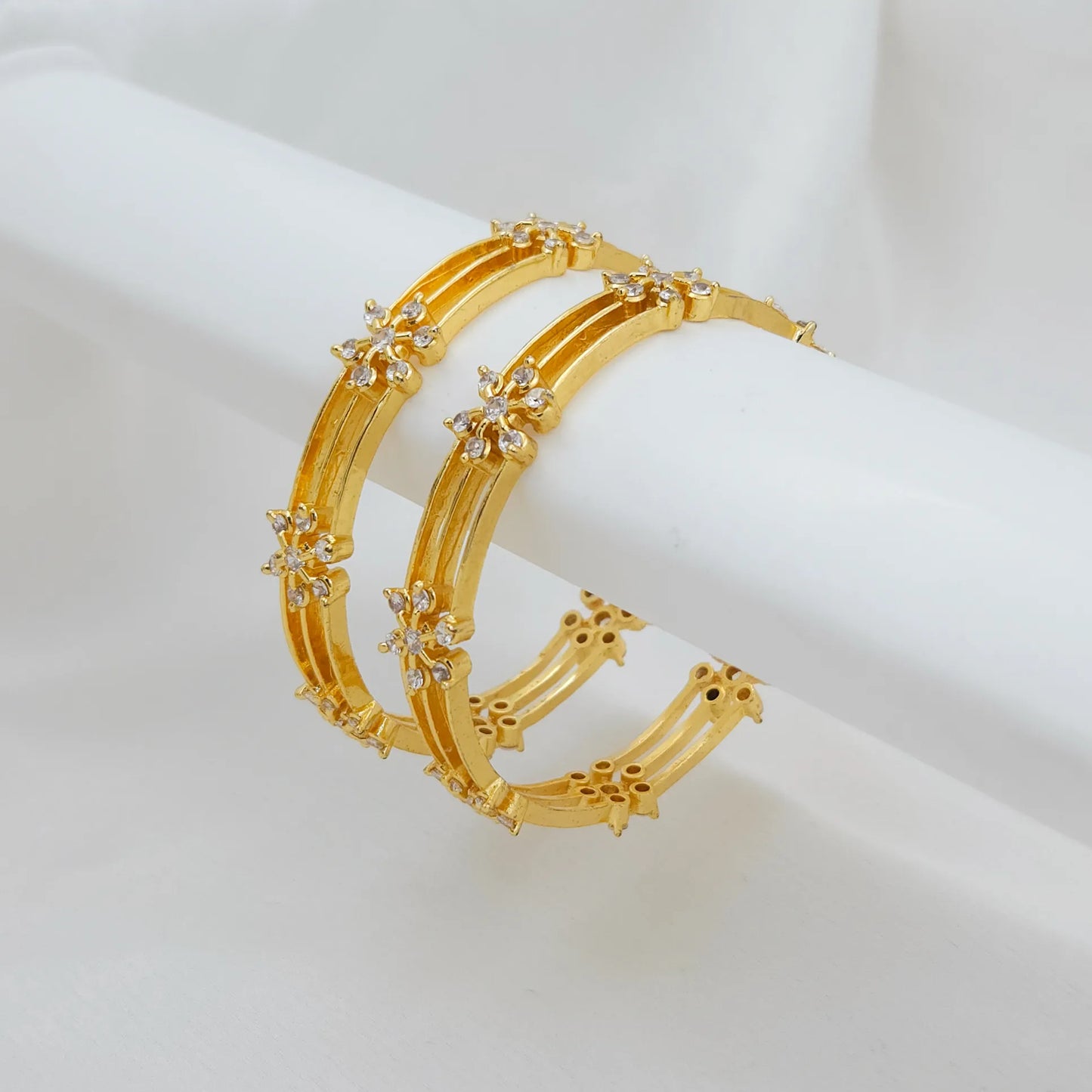 Triple layer diamond studded floral bangles - set of 2