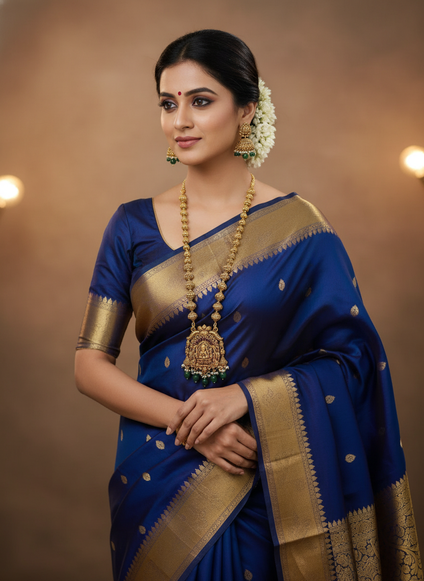 Green Beads and Pearls Temple Haaram with Lakshmi Goddess Set