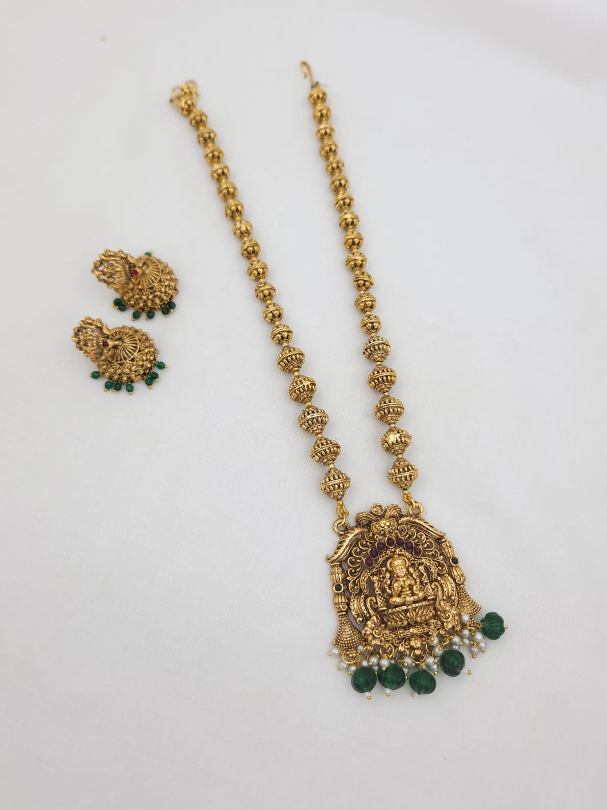 Green Beads and Pearls Temple Haaram with Lakshmi Goddess Set
