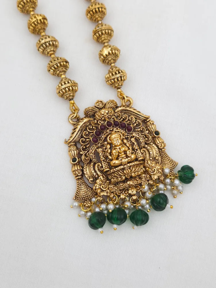 Green Beads and Pearls Temple Haaram with Lakshmi Goddess Set