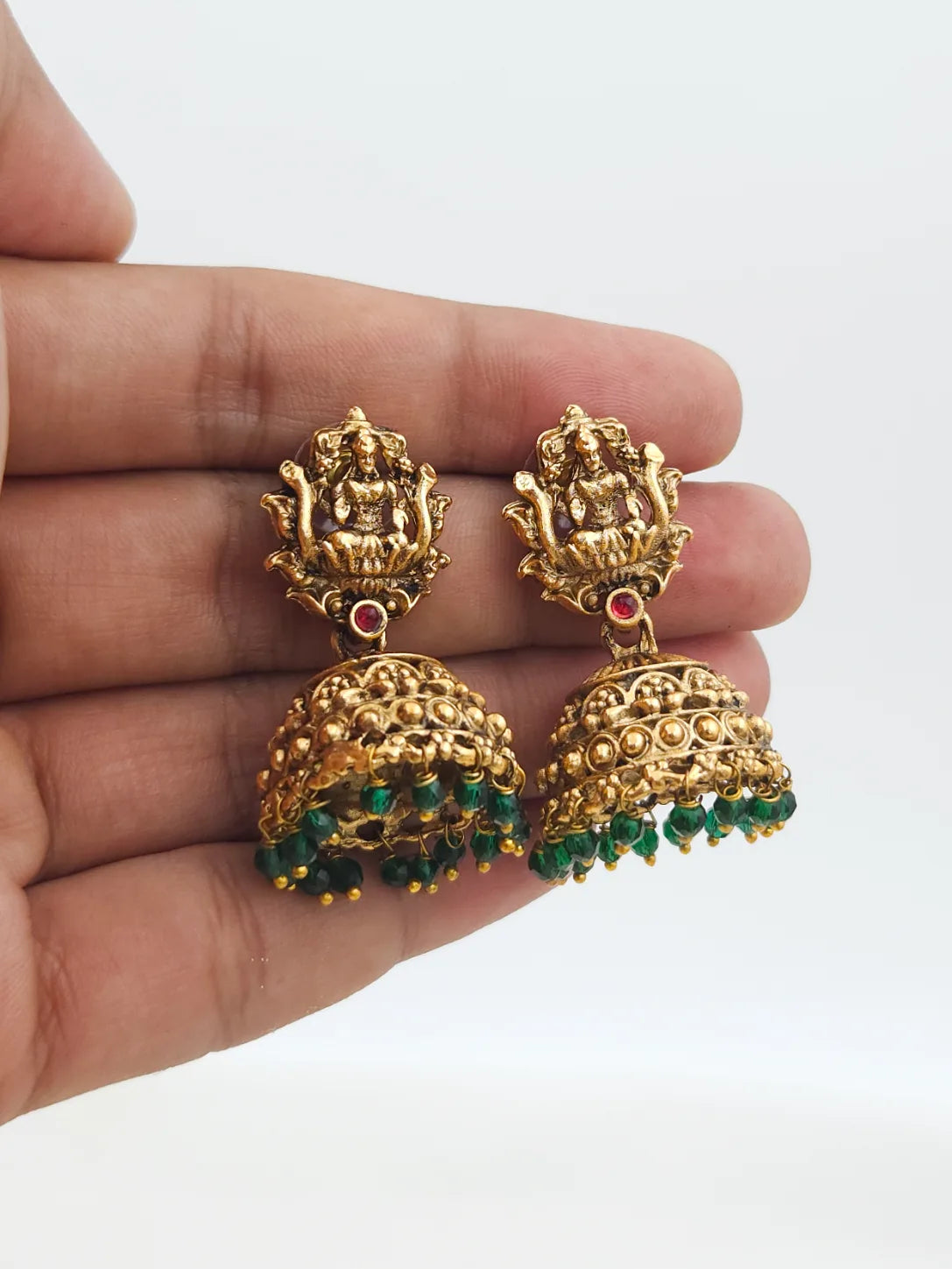 Green Beads and Pearls Temple Haaram with Lakshmi Goddess Set