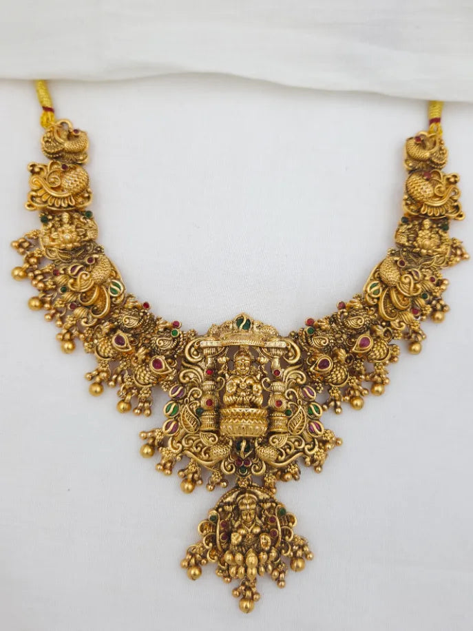 Grand Lakshmi Idol Temple Jewelery with Peacock in 3D Look Haram Set