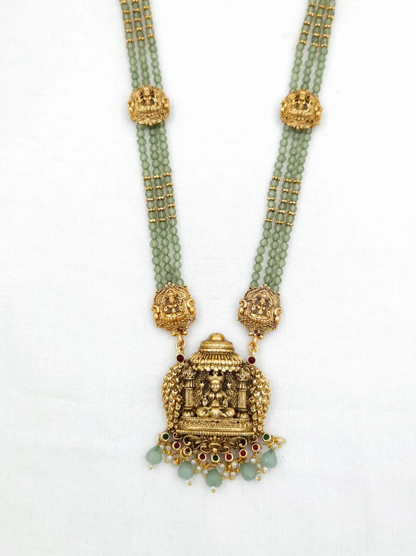 Triple Layer Green Beads Lakshmi Pendant Long Haaram - Antique set