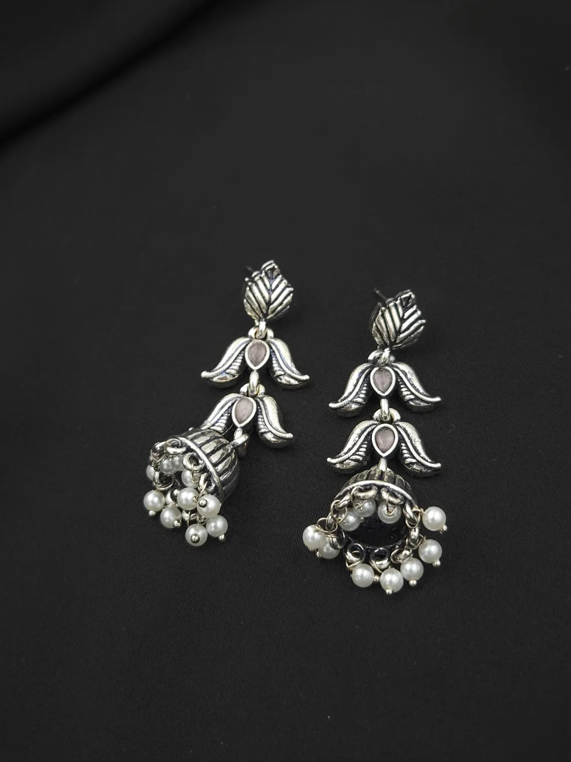 German Silver Oxidised Jumkas with Pearl Drop Hanging for College Girls