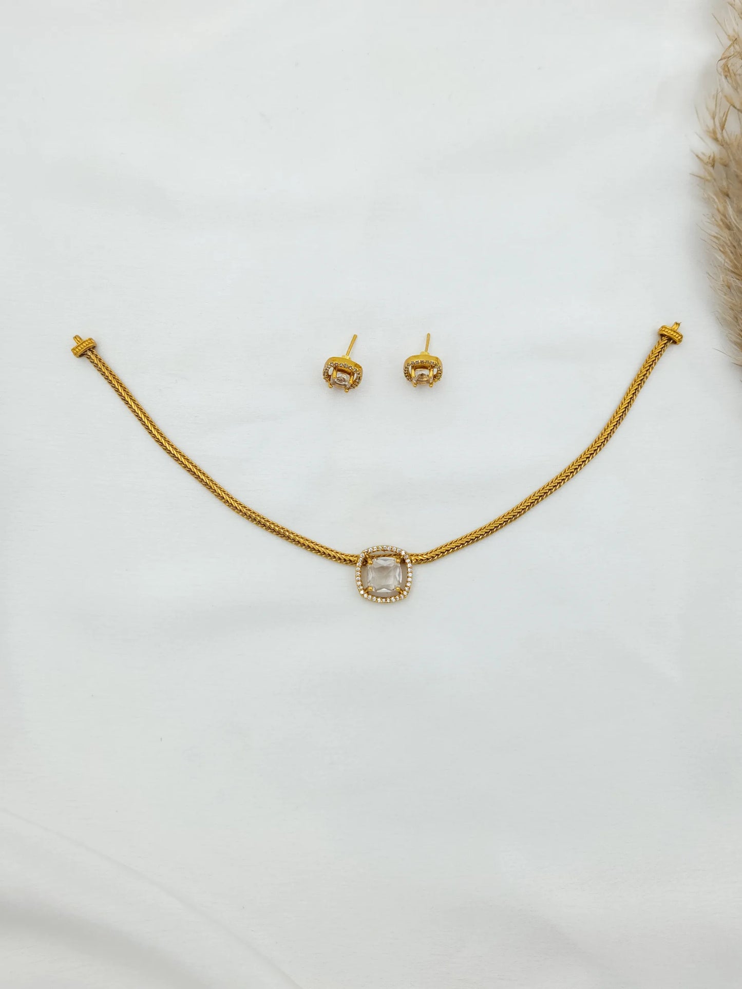 Elegant White Stone Choker With Matching Studs