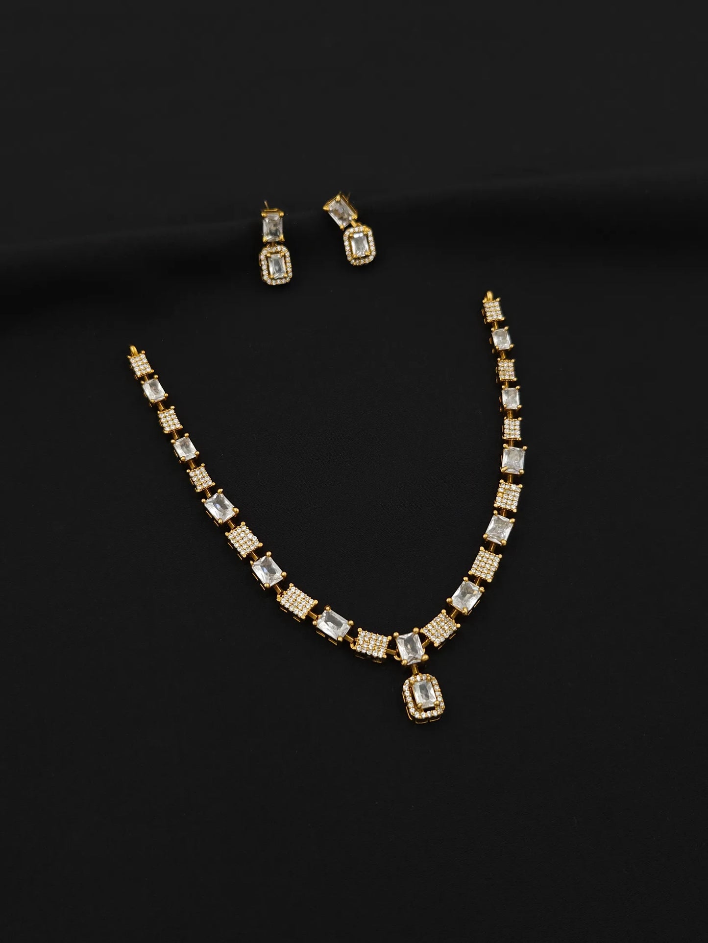 White Stone Square Trendy Gold Necklace for Girls with Studs