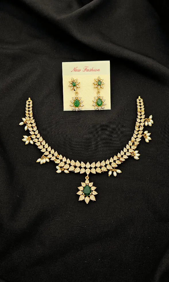 Rice Pearl Stone Studded Gold Plated Necklace with Earrings Green