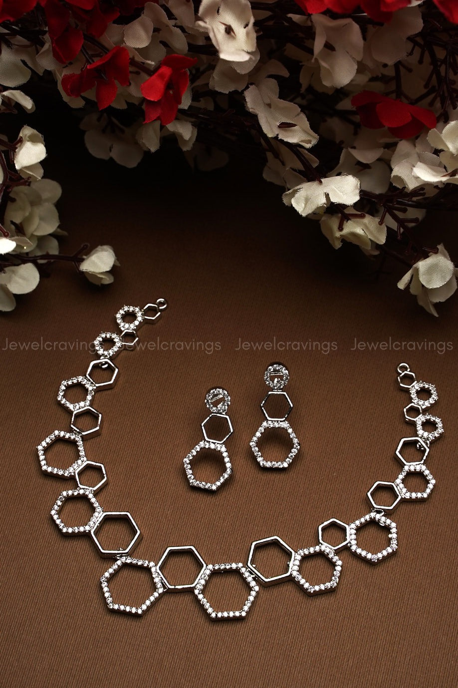 Stylish Hexagon AD Necklace with Earrings