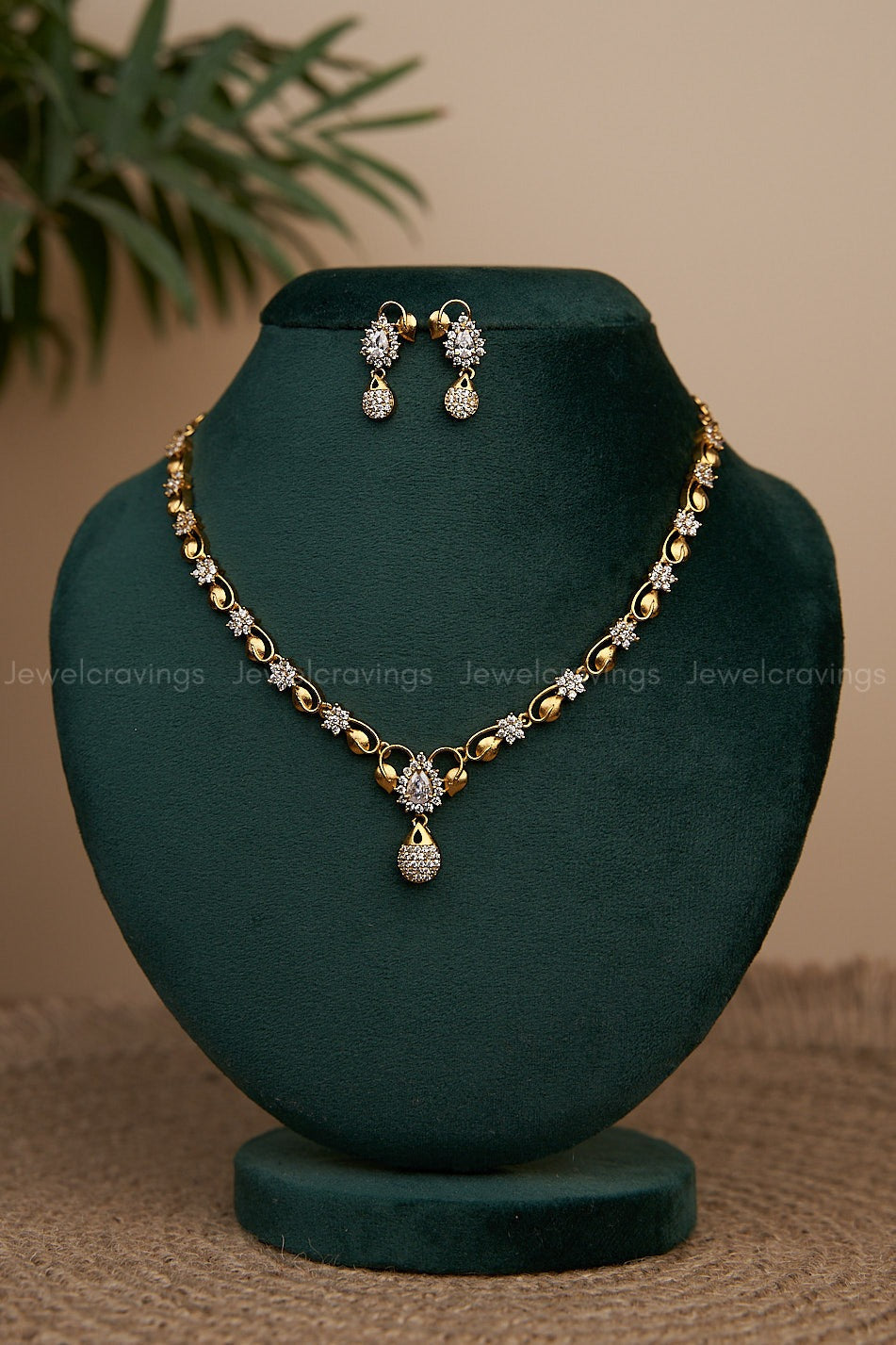 Golden Leaf Stone Necklace with Earrings