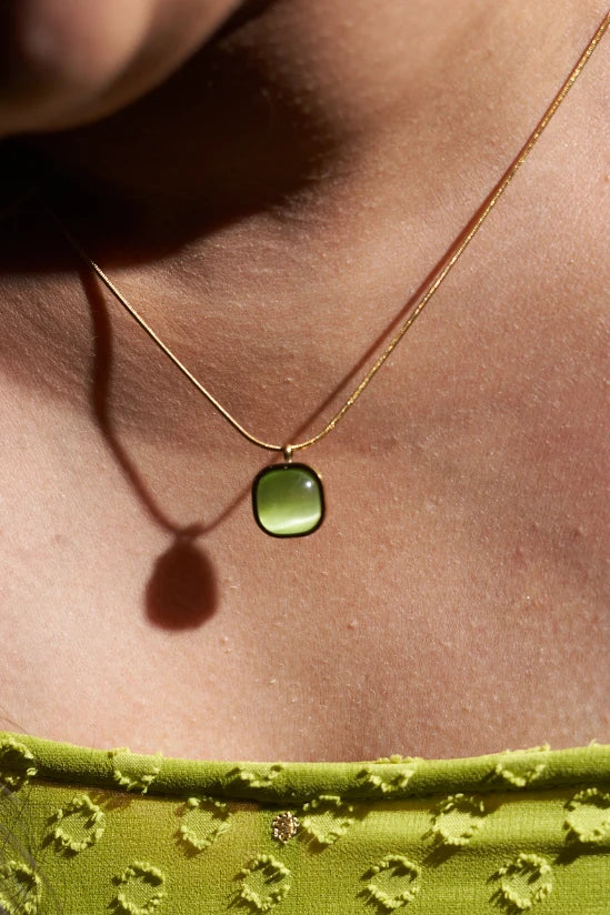 18K GOLD PLATED - SHINY SQUARE GREEN STAINLESS STEEL PENDANT