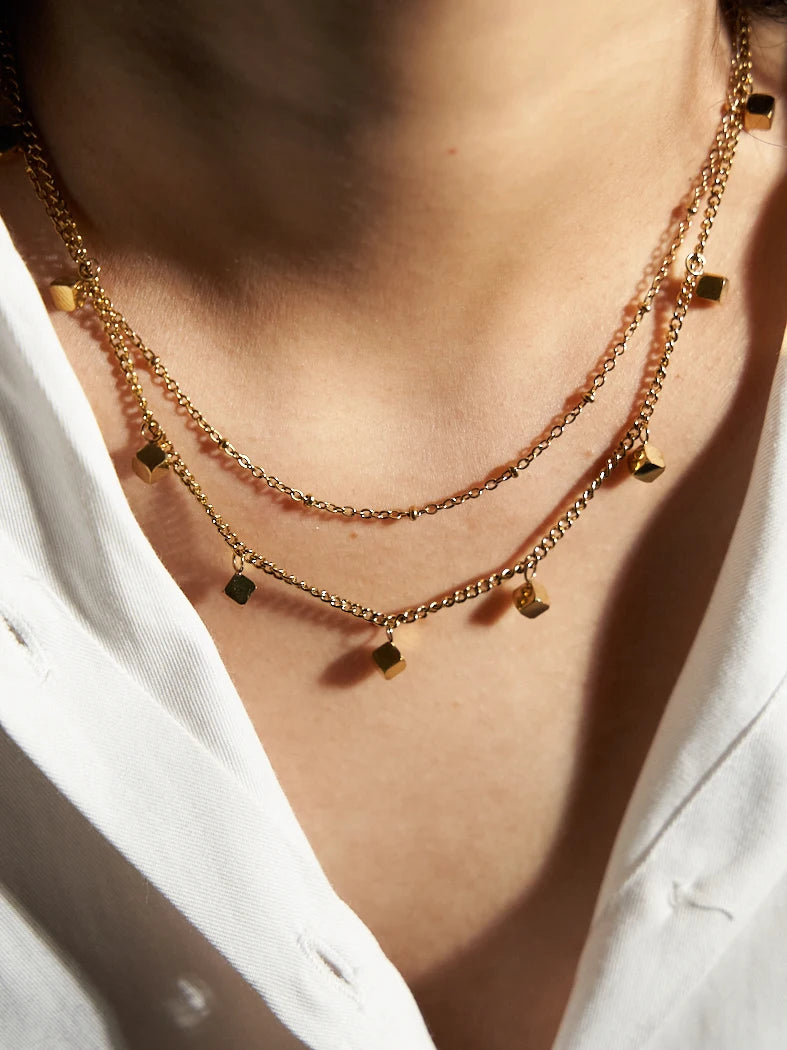 2 LAYER ANTI TARNISH GOLD PLATED - CUBE CHAIN NECKLACE