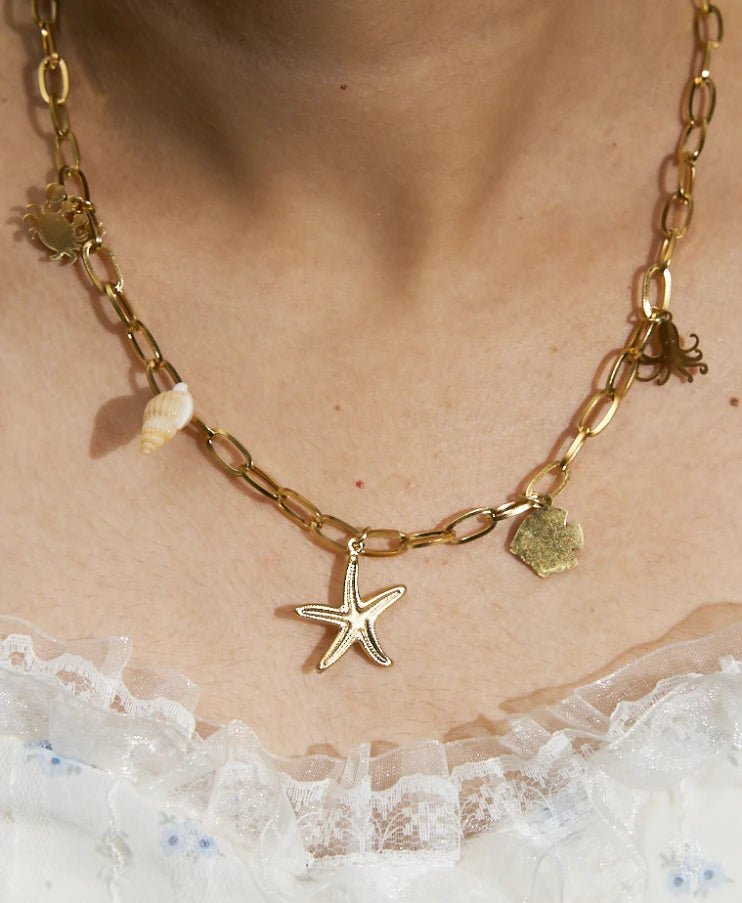 BEACH STYLE PAPERCLIP CHARM NECKLACE - ANTI TARNISH GOLD PLATED