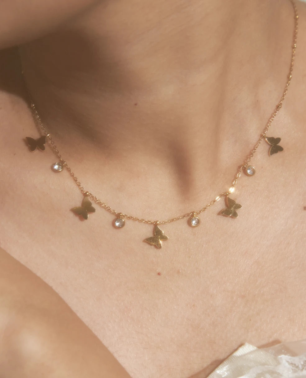 BUTTERFLY CHARMS DAILY WEAR GOLD PLATED TARNISH FREE CHAIN NECKLACE ( MULTI COLOUR, WHITE )