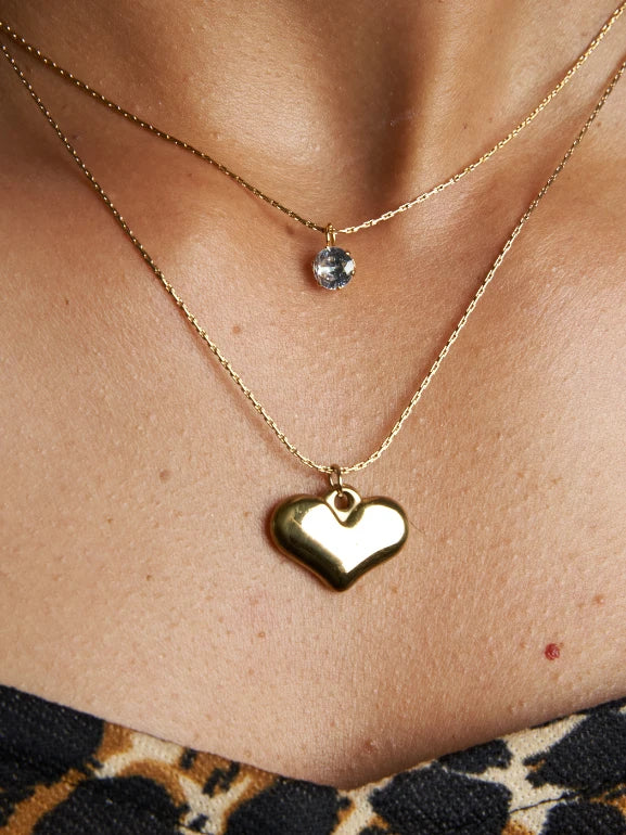 2 LAYER HEART WITH ZIRCON STONE PENDANT NECKLACE - TARNISH FREE