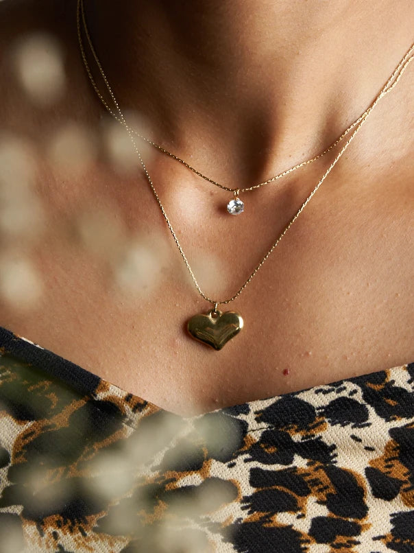 2 LAYER HEART WITH ZIRCON STONE PENDANT NECKLACE - TARNISH FREE