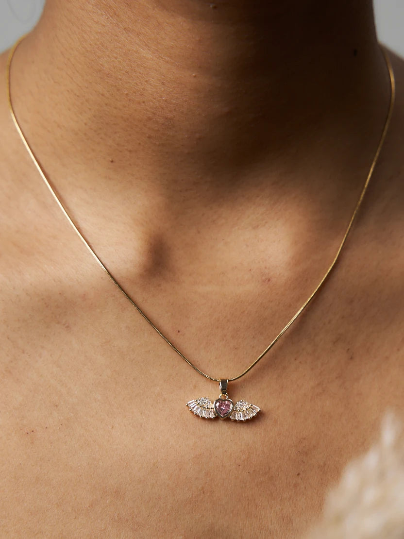 PINK ANGEL HEART WINGS PENDANT - DAILYWEAR ANTI TARNISH NECKLACE