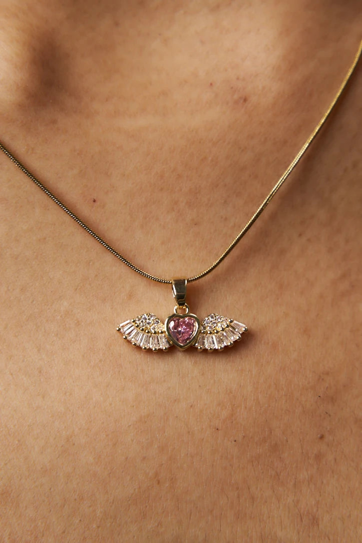 PINK ANGEL HEART WINGS PENDANT - DAILYWEAR ANTI TARNISH NECKLACE