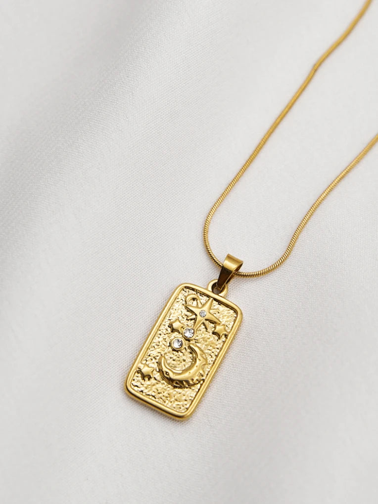 ZIRCON STAR STUDDED MOON NECKLACE - 18K TARNISH FREE GOLD