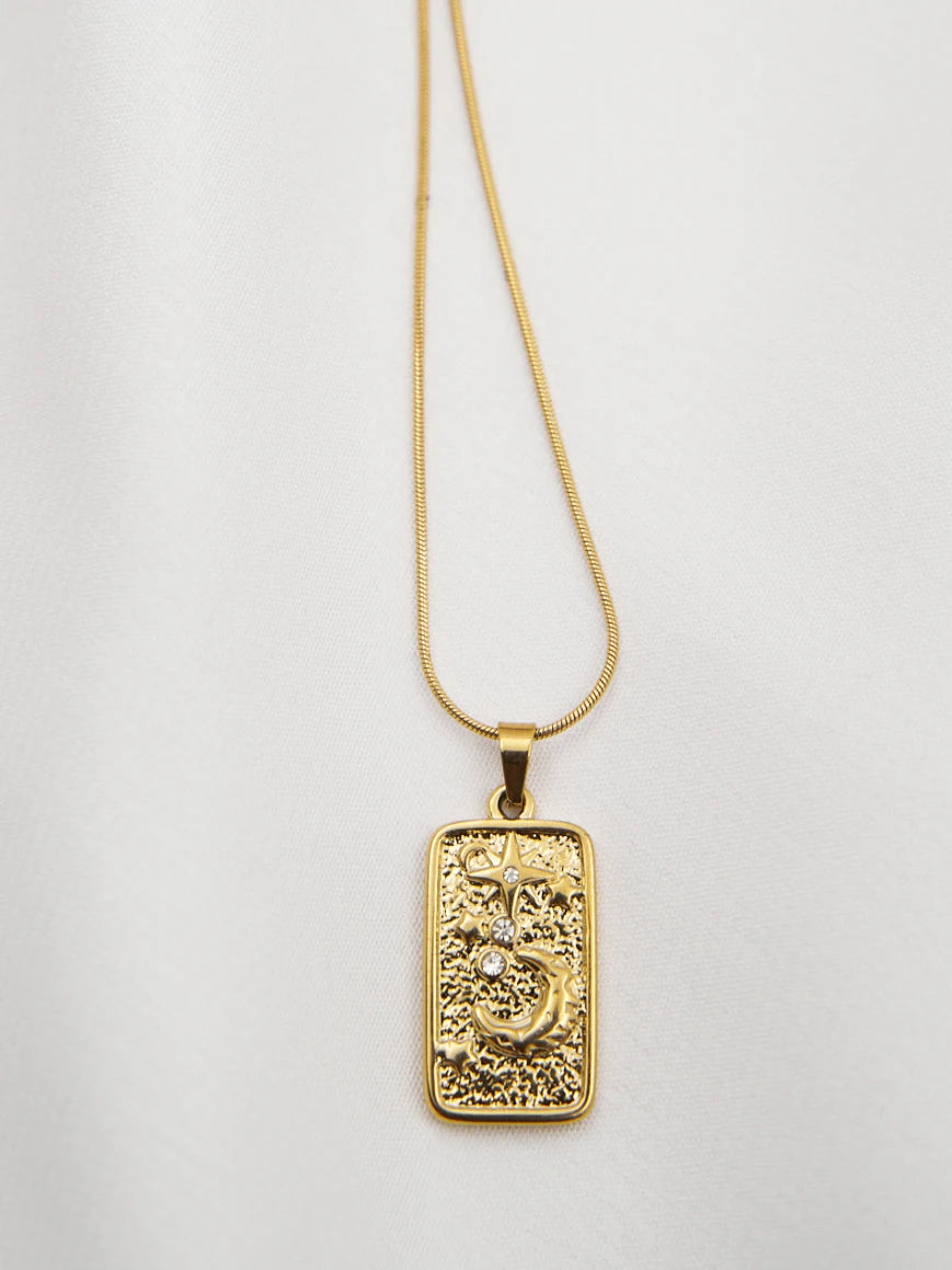 ZIRCON STAR STUDDED MOON NECKLACE - 18K TARNISH FREE GOLD