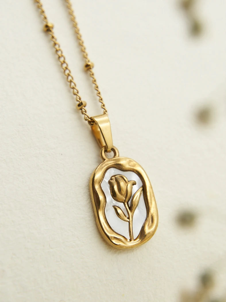 MOTHER OF PEARL GOLDEN ROSE CHAIN PENDANT - ANTI TARNISH