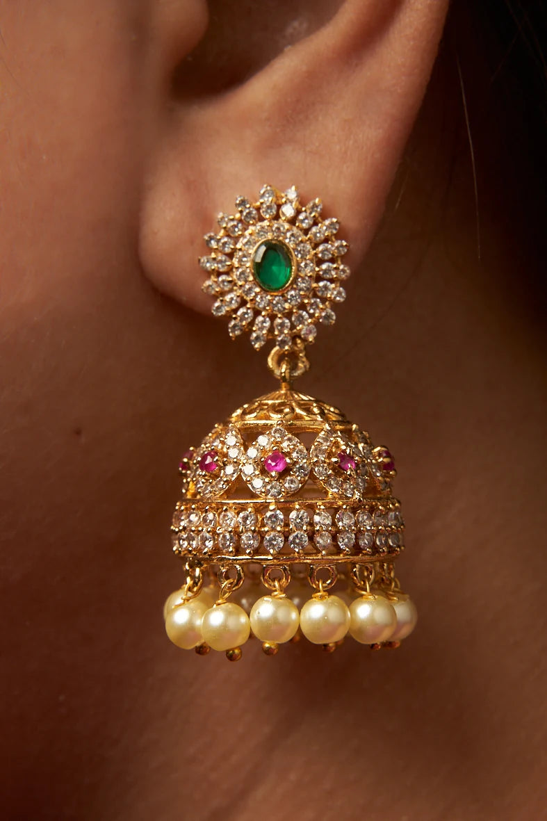 Classic Pearl Hanging Stone Studded Jhumka