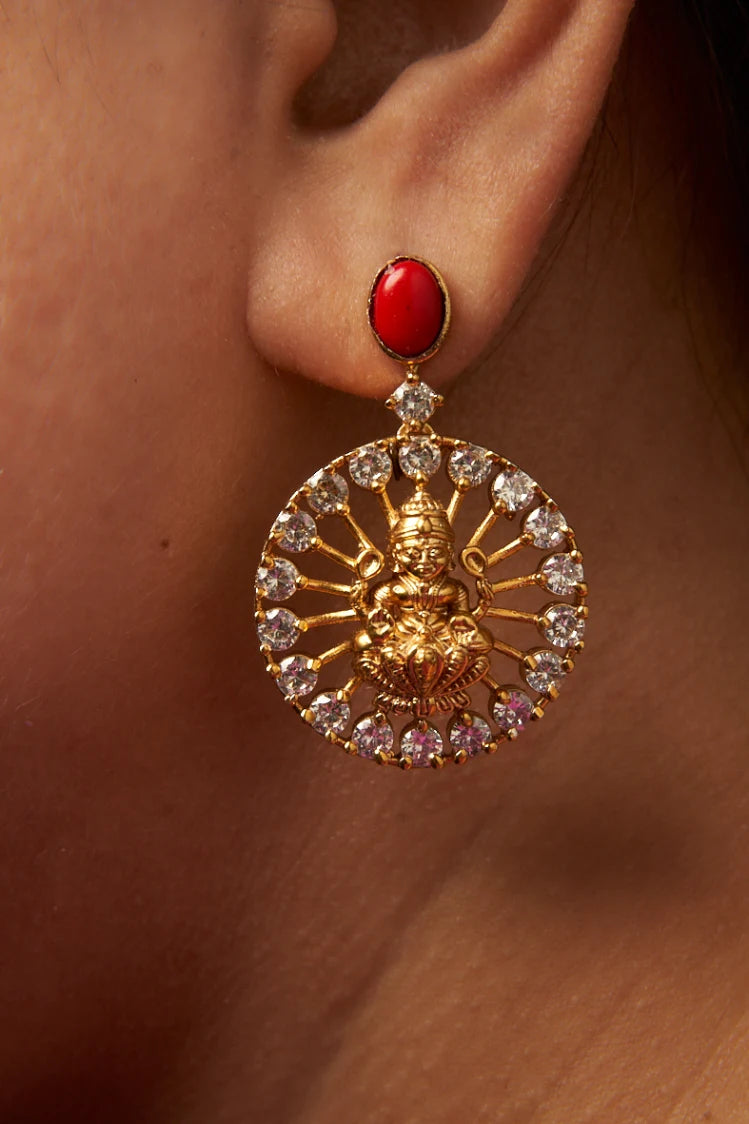 Lakshmi Goddess Round CZ Sparkling Stone Studded Red Earrings