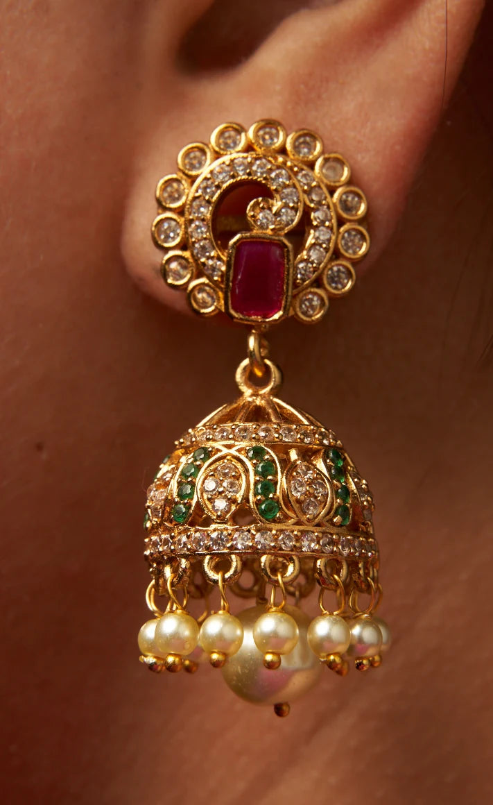 Pearl Swirl White and Green Stone Studded Jhumka