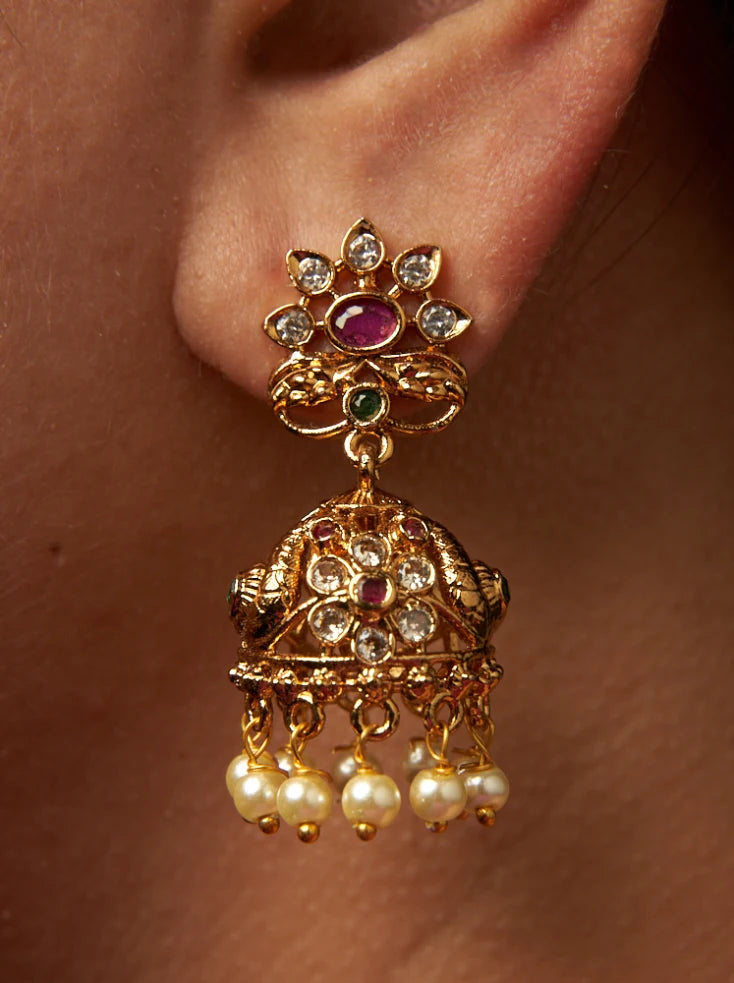 Rising Sun Stone Studded Small Pearl Hanging Jhumka