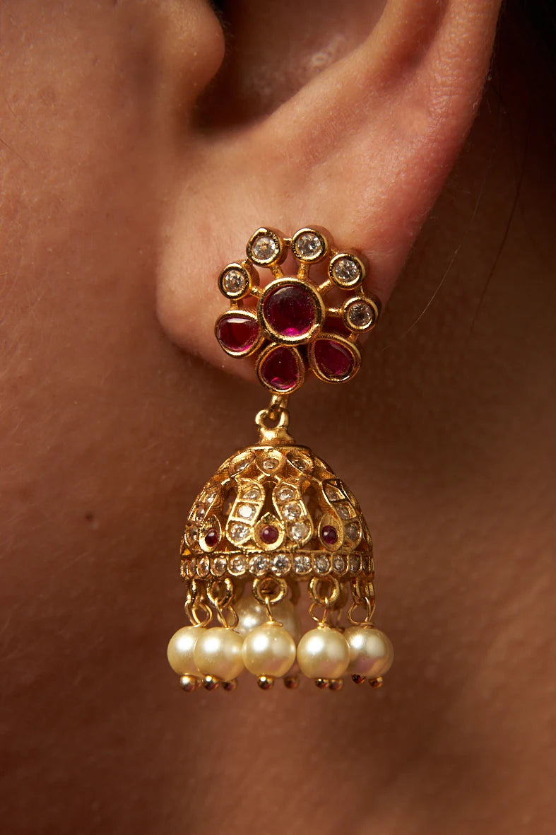 Stone Leaf Pearl Hanging Jhumka