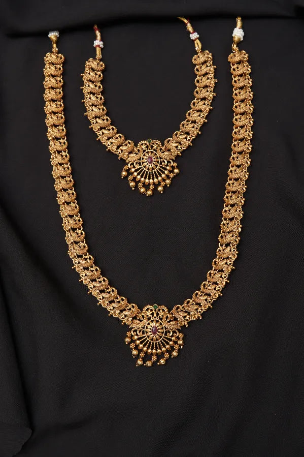 Oval Red Stone Peacock Traditional Haaram Combo Set