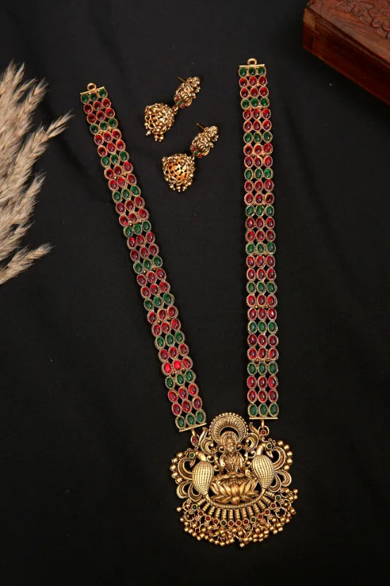 Antique Traditional Big Lakshmi Red Green Stone Haram Set