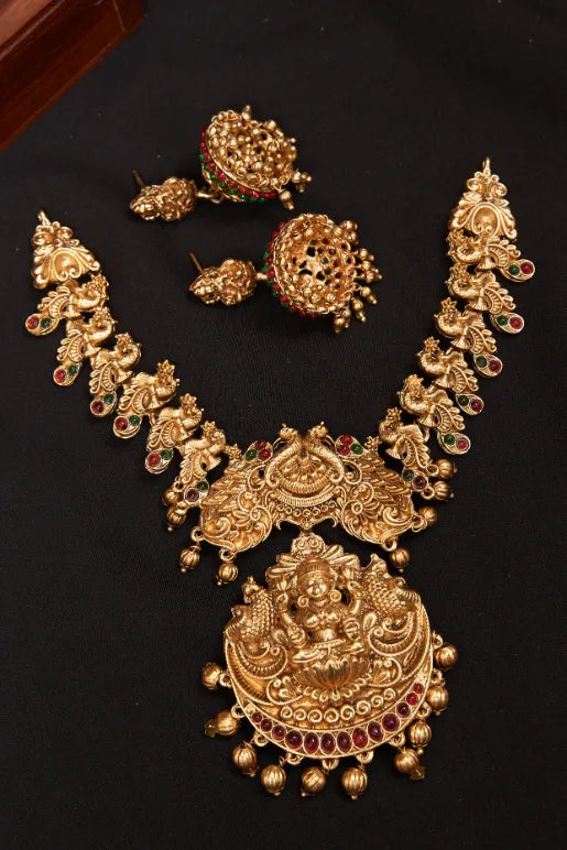 Peacock Lakshmi Golden Beads Necklace Set