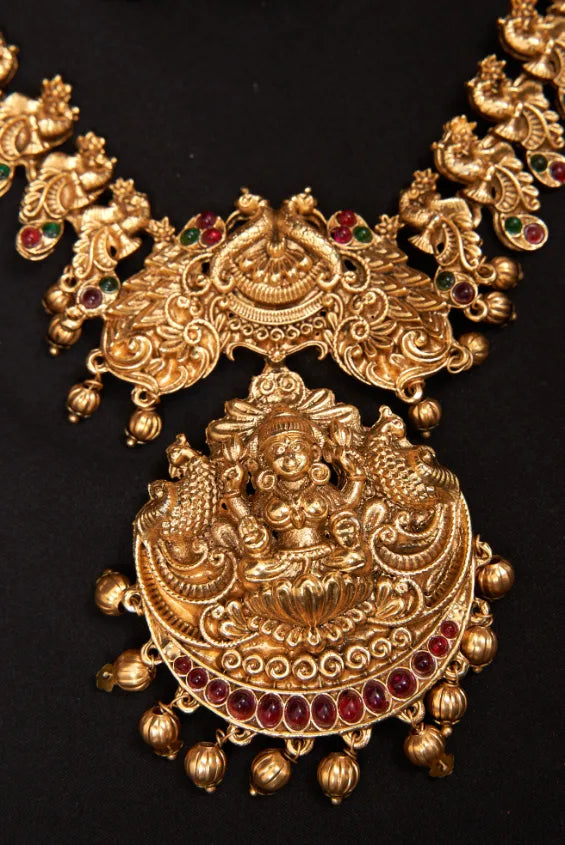 Peacock Lakshmi Golden Beads Necklace Set