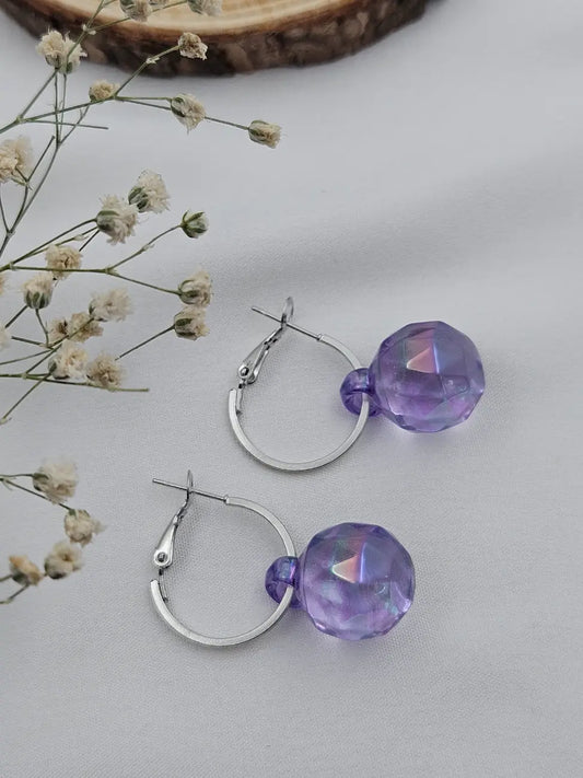Purple Crystal Ball Hoop Earrings