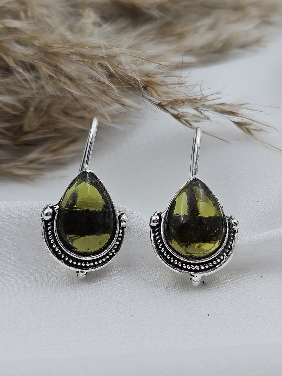 German Silver Mini Drop Earrings - Dark Green