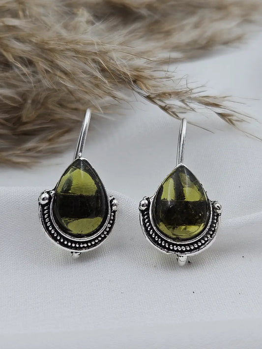 German Silver Mini Drop Earrings - Dark Green