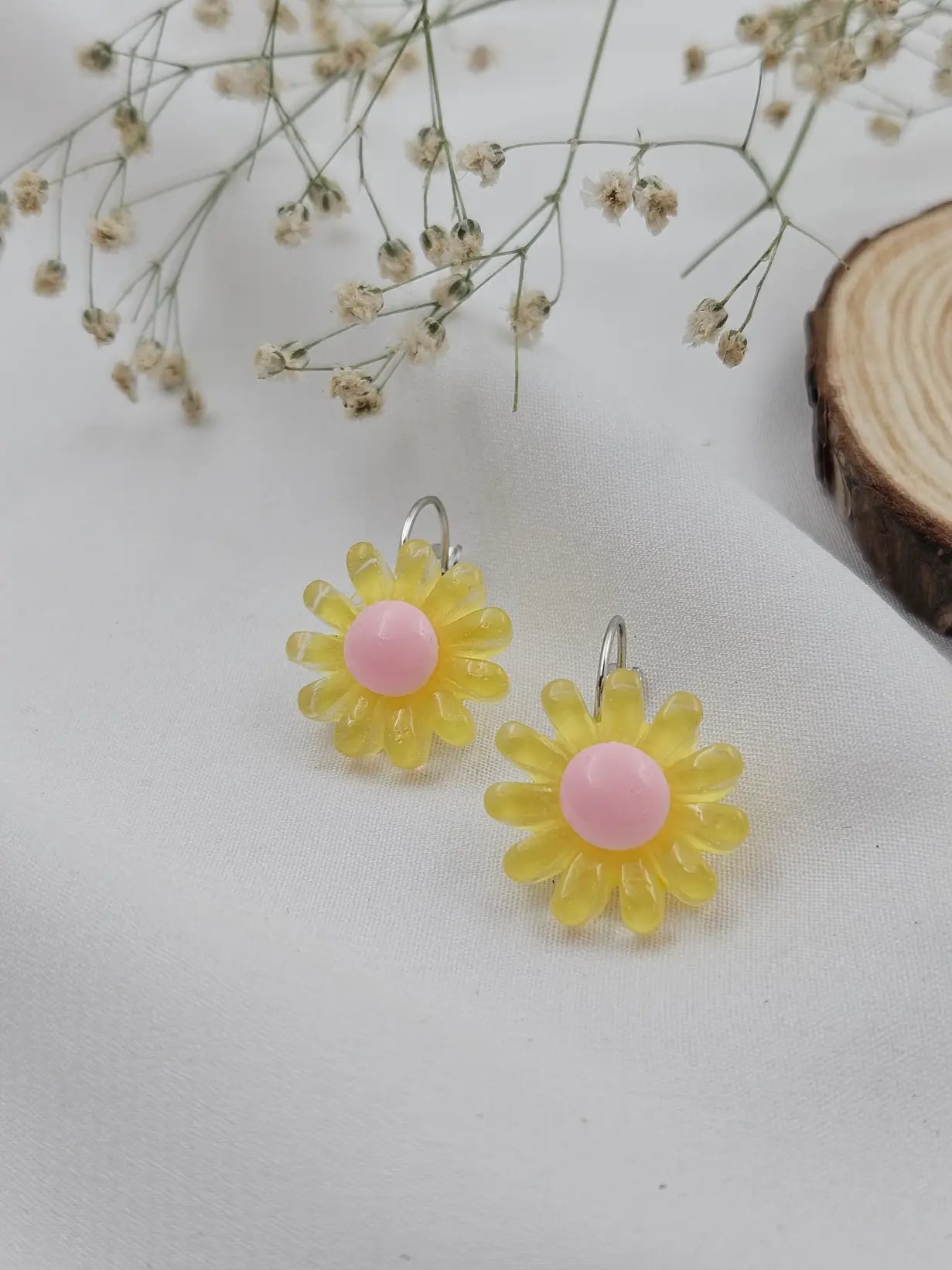 Daisy Yellow Pink Hoop Earrings