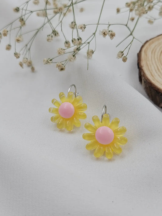 Daisy Yellow Pink Hoop Earrings