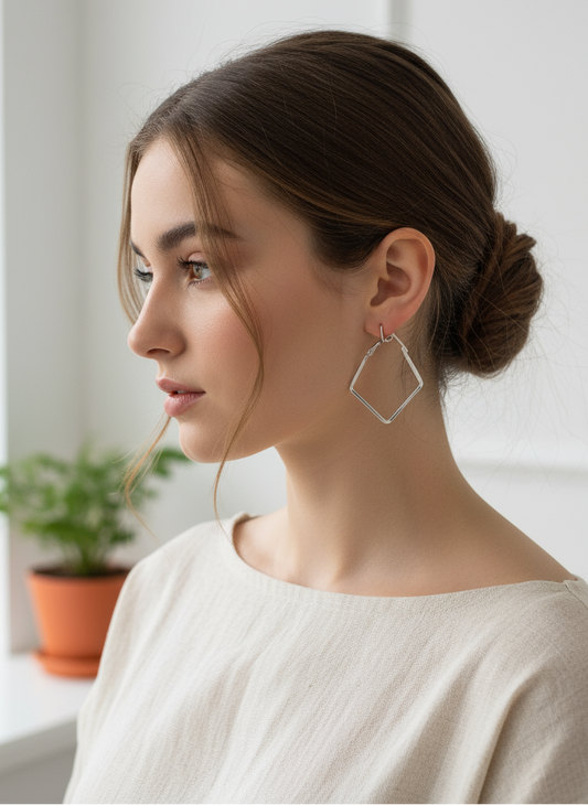Woman wearing silver hoop earrings in a neutral setting