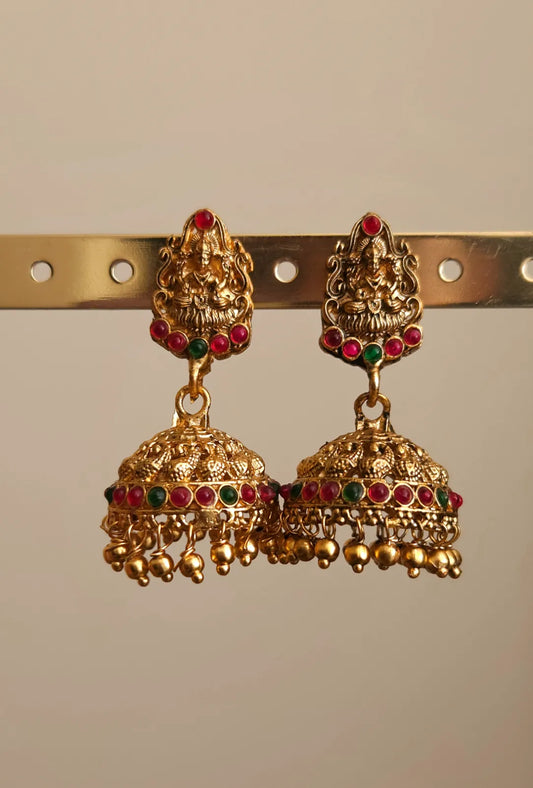 Lakshmi Goddess Brass Gold Pearl Jhumka