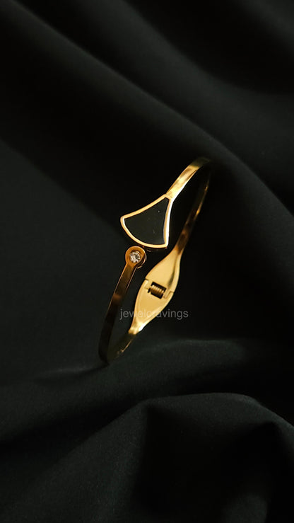Dual Charm Kada Bracelet – Curved Triangle & Stone Circle | 18K Gold Plated