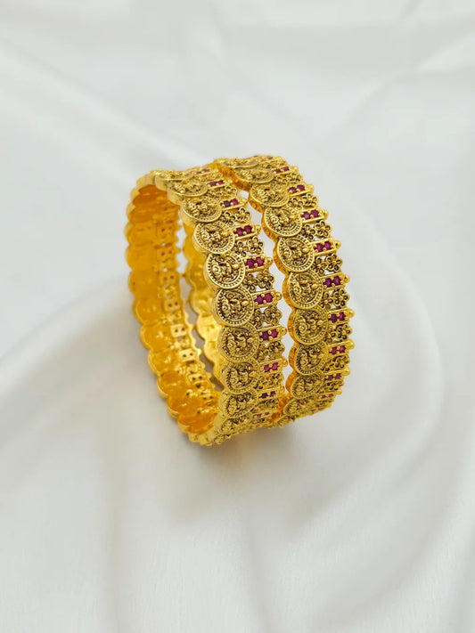 Lakshmi Goddess Red Stone Gold Coin Bangle - Set of 2 - Temple Collection