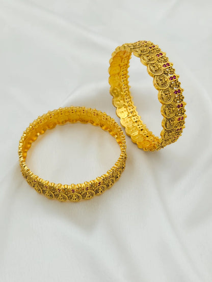 Lakshmi Goddess Red Stone Gold Coin Bangle - Set of 2 - Temple Collection
